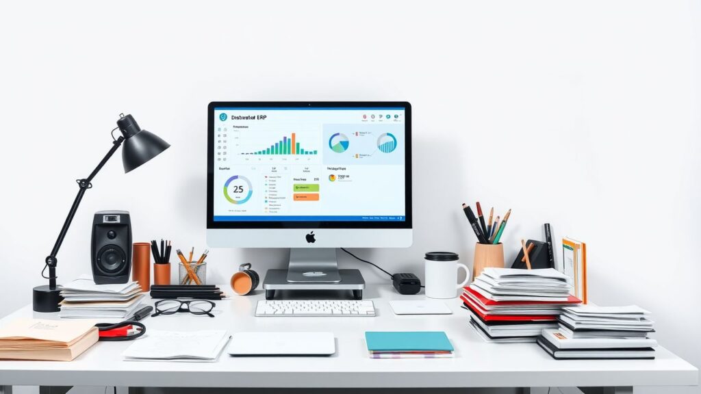 Een druk kantoorbureau met een geïntegreerd ERP-systeem op de computer.