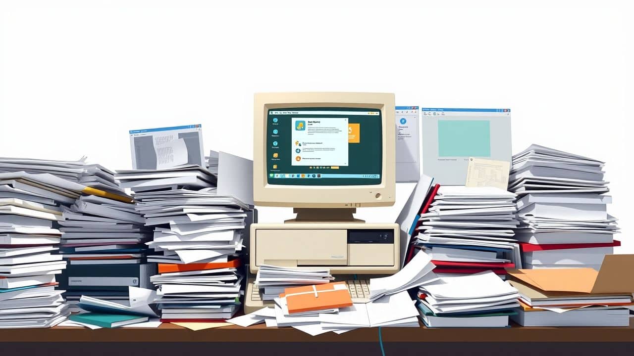 Een rommelig bureau met een oude desktopcomputer en open zakelijke applicaties. Een rommelig bureau met een oude desktopcomputer en open zakelijke applicaties.