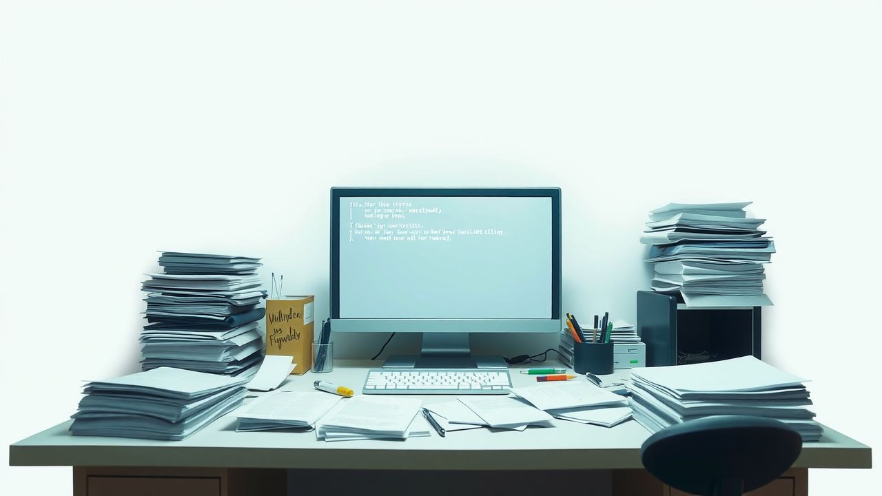 Een rommelig kantoorbureau met stapels papierwerk en een knipperend computerscherm. Een rommelig kantoorbureau met stapels papierwerk en een knipperend computerscherm.