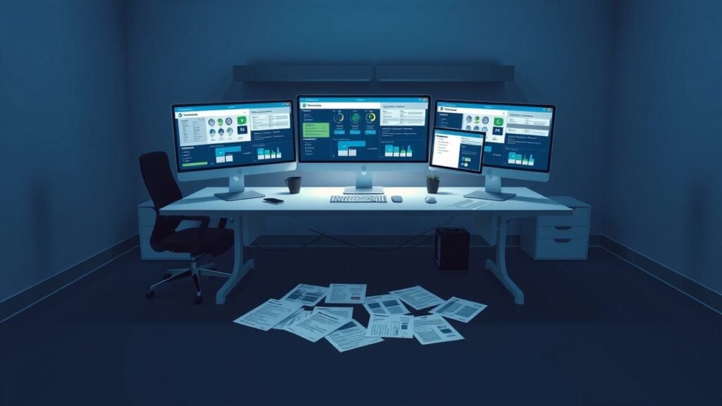 Een leeg kantoor met een modern bureau en ERP-implementatieplannen.