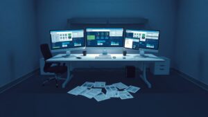 Een leeg kantoor met een modern bureau en ERP-implementatieplannen.
