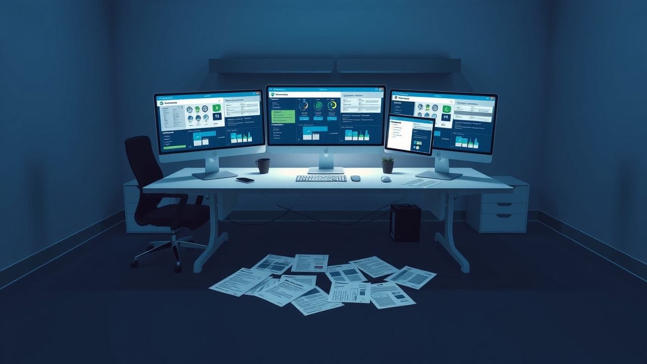Een leeg kantoor met een modern bureau en ERP-implementatieplannen.