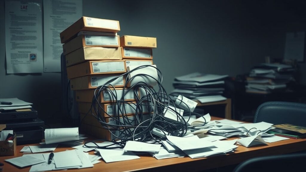 Een rommelig bureau met stapels software dozen en rommelige kabels.
