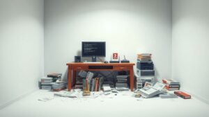 Een rommelig bureau met oude software dozen en papers.