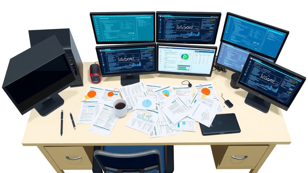 Een rommelig kantoor met technische documenten en computerschermen, wat de drukke omgeving van een Solution ERP Solutions Architect weergeeft. Een rommelig kantoor met technische documenten en computerschermen, wat de drukke omgeving van een Solution ERP Solutions Architect weergeeft.
