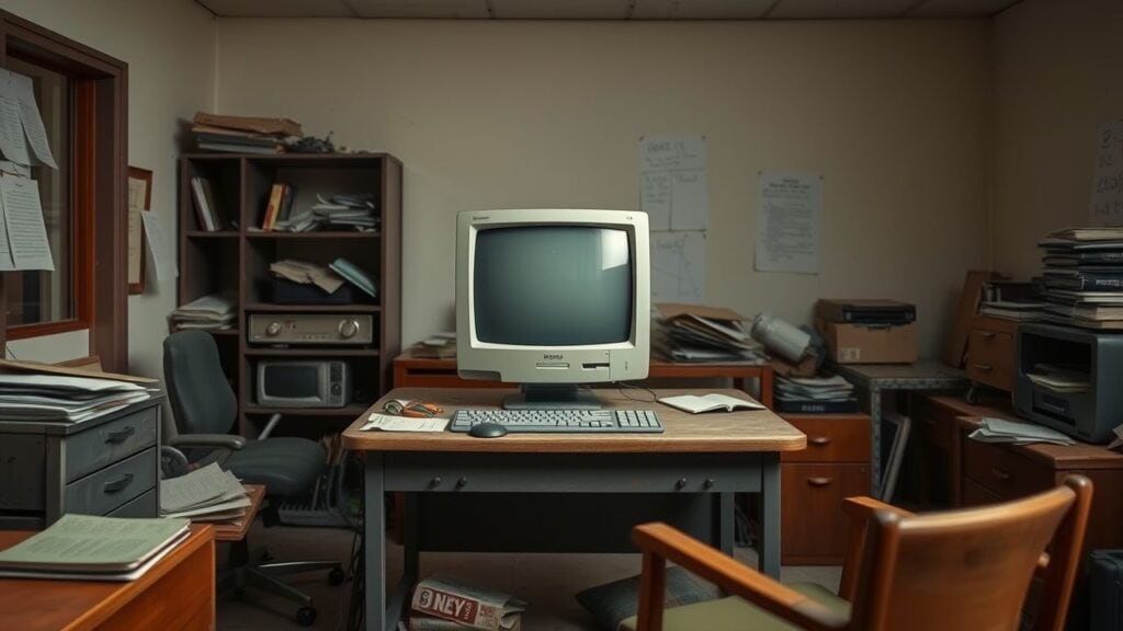Een oude desktopcomputer staat op een versleten bureau in een rommelig kantoor.
