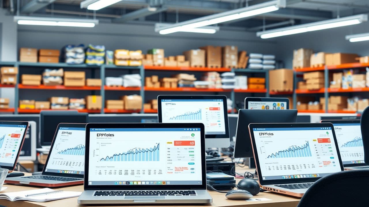 Een druk kantoor met meerdere open laptops en bedrijfssoftware interfaces. Een druk kantoor met meerdere open laptops en bedrijfssoftware interfaces.