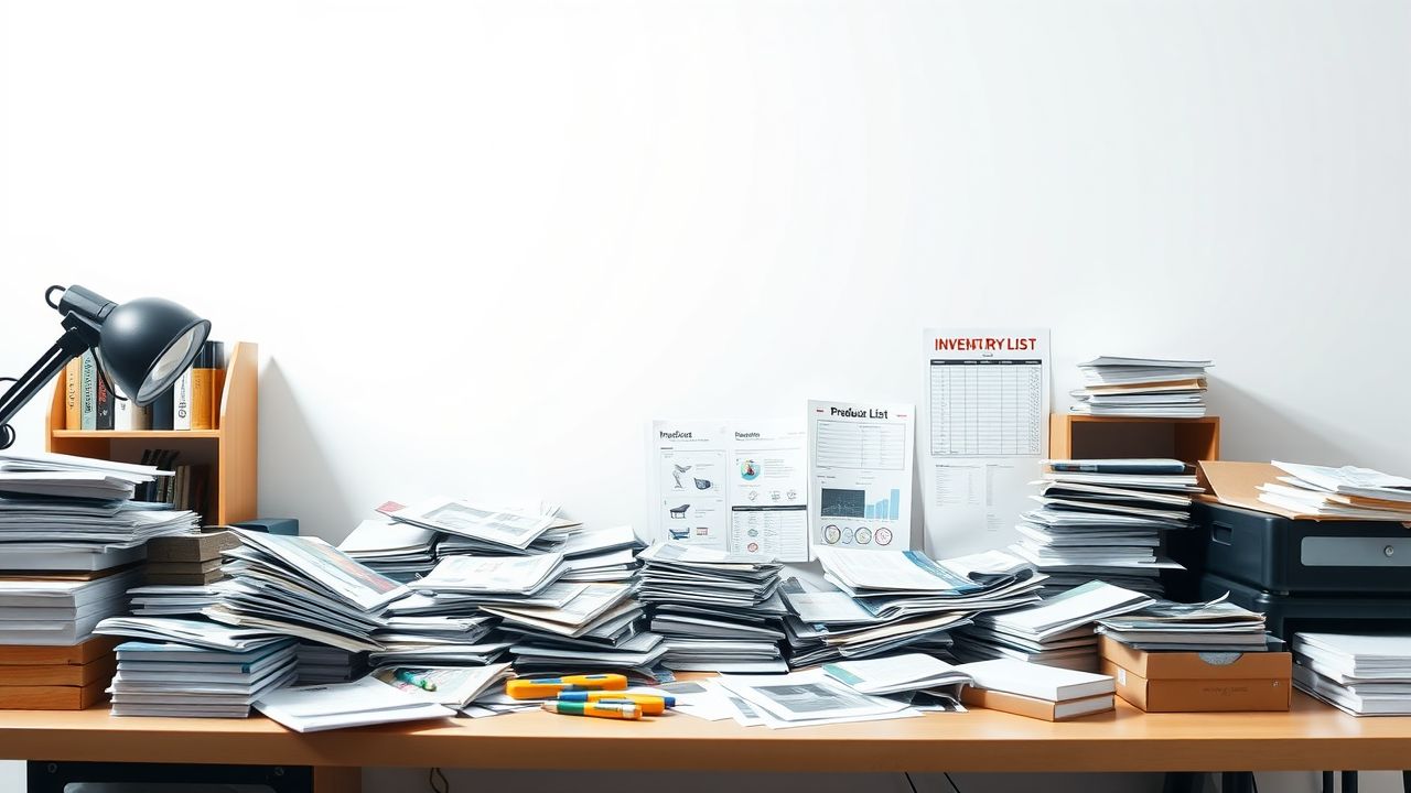 Een rommelig kantoorbureau zonder ERP-integratie voor een webshop.