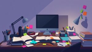 Een rommelig thuiskantoor met een computer, open notitieboeken en pennen.