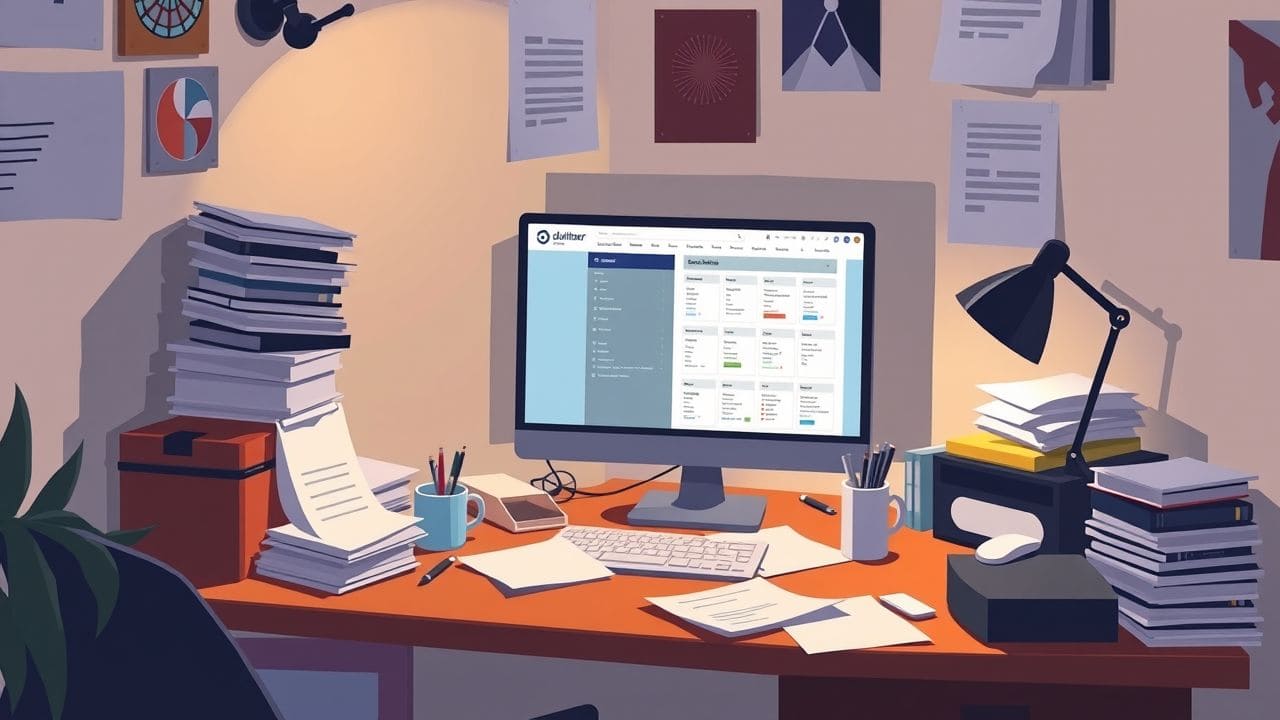 Een rommelig thuiskantoor met een open-source ERP-software op het computerscherm. Een rommelig thuiskantoor met een open-source ERP-software op het computerscherm.