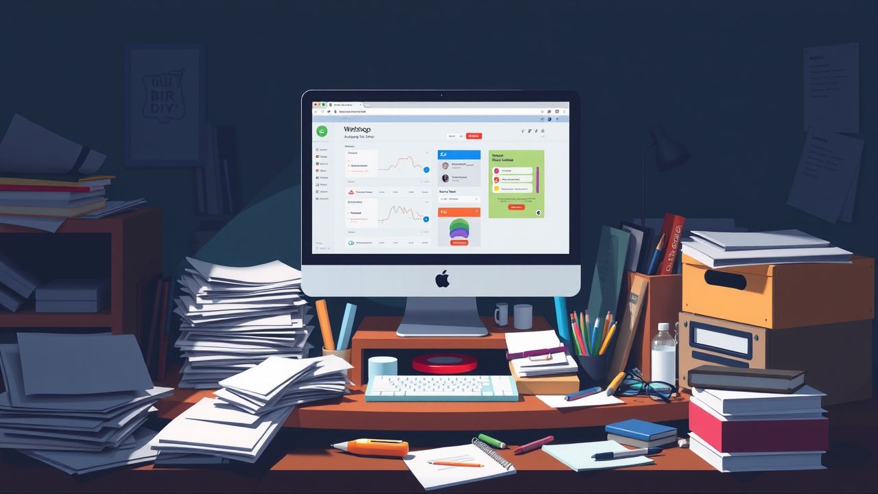 Een rommelig kantoorbureau met computer en papierstapels. Een rommelig kantoorbureau met computer en papierstapels.