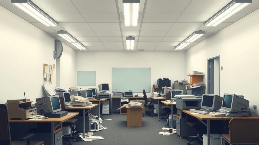 Een verouderde kantooromgeving met rommelige werkplekken en verouderde technologie.