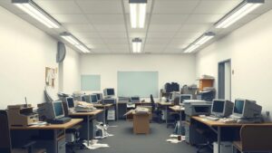 Een verouderde kantooromgeving met rommelige werkplekken en verouderde technologie.