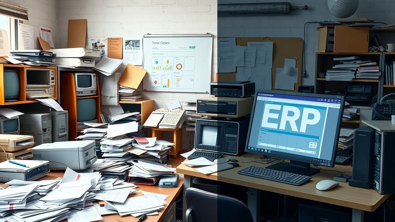 Een rommelig kantoor transformeert naar efficiëntie met moderne ERP-software. Een rommelig kantoor transformeert naar efficiëntie met moderne ERP-software.