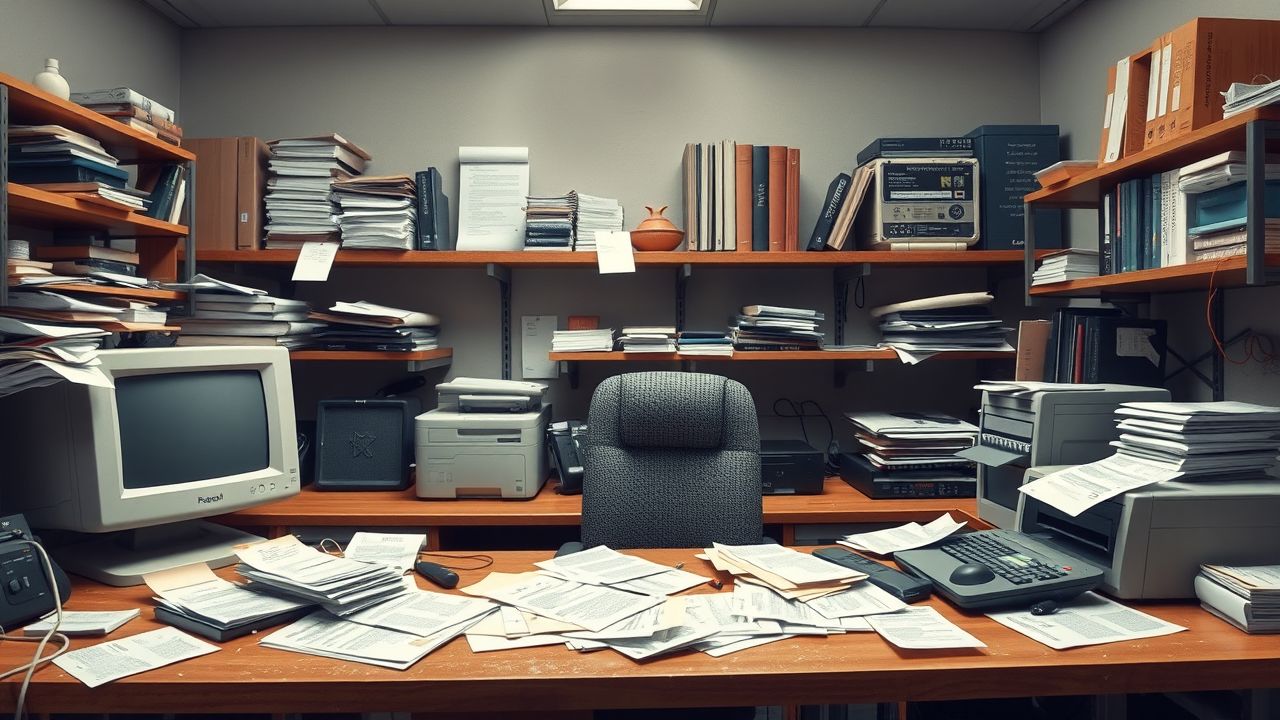 Een rommelig kantoorbureau met ouderwetse technologie en chaos op de planken.