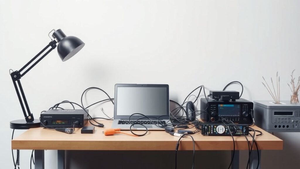 Een rommelig kantoorbureau met elektronische apparaten en kabels.