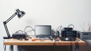 Een rommelig kantoorbureau met elektronische apparaten en kabels.