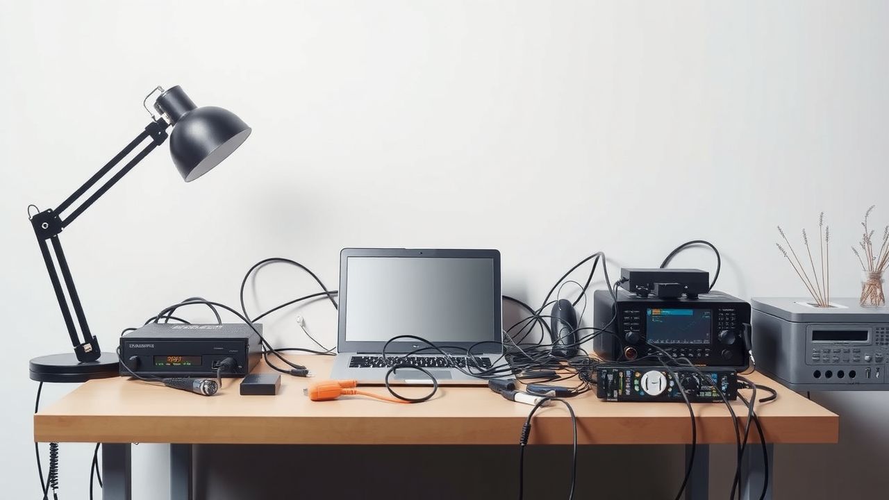 Een rommelig kantoorbureau met elektronische apparaten en kabels.