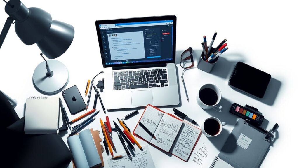 Een rommelig thuiskantoor met open laptop en notitieblok.