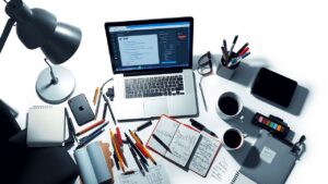 Een rommelig thuiskantoor met open laptop en notitieblok.