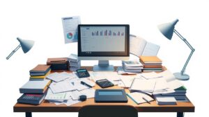 Een rommelig kantoorbureau met financiële documenten en calculators.