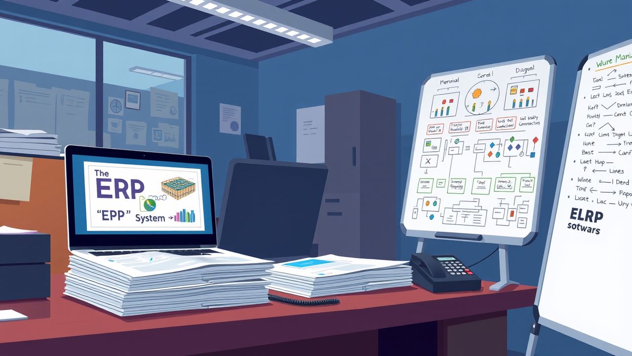 Een druk kantoor met ERP-software, laptop, whiteboard en telefoon. Een druk kantoor met ERP-software, laptop, whiteboard en telefoon.