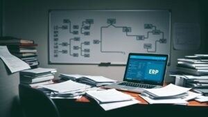 Een rommelig kantoor met ERP-software en whiteboard processtromen.