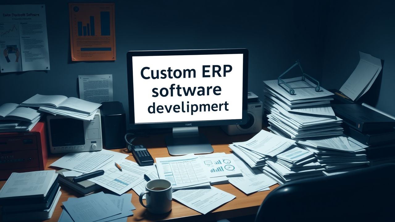 Een rommelig kantoorbureau met een computer en documenten.