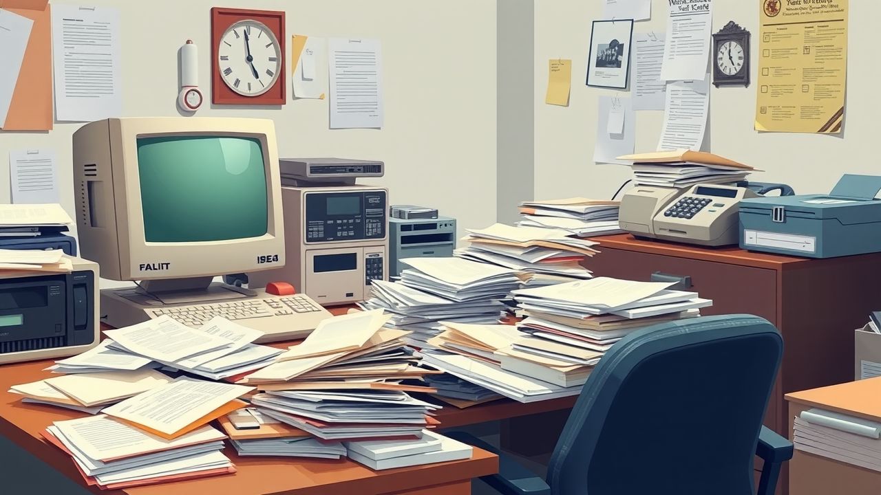 Een rommelig kantoor met ouderwetse technologie en gebrek aan organisatie. Een rommelig kantoor met ouderwetse technologie en gebrek aan organisatie.