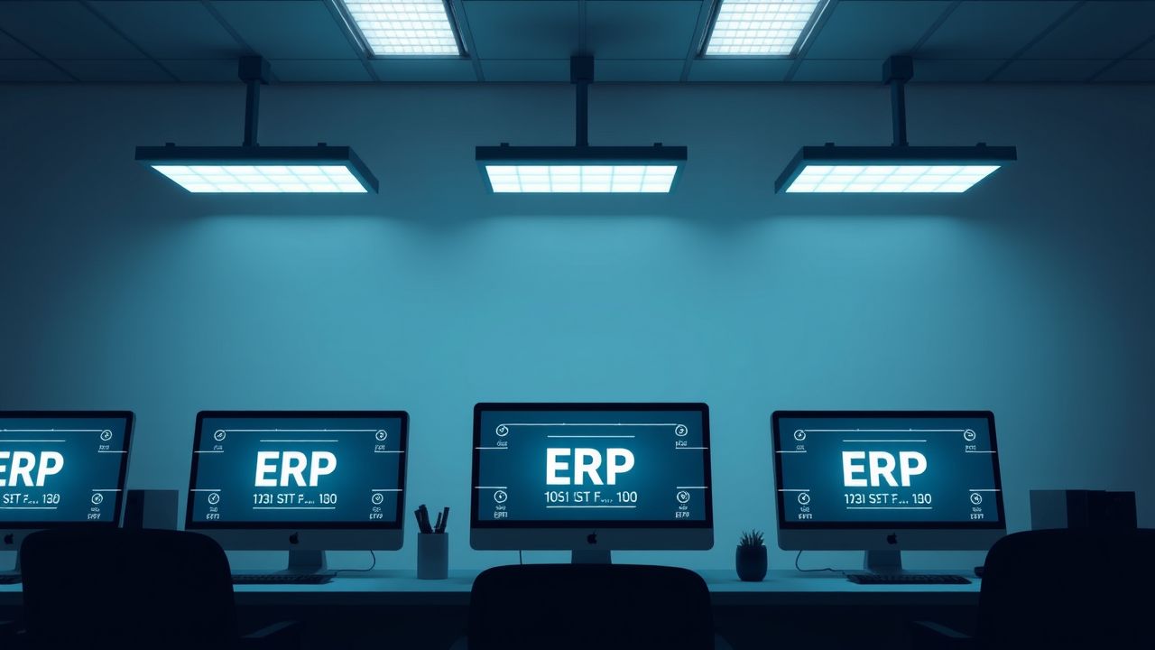 Een kantooromgeving met geïntegreerde ERP-systemen, IoT en AI-technologieën.