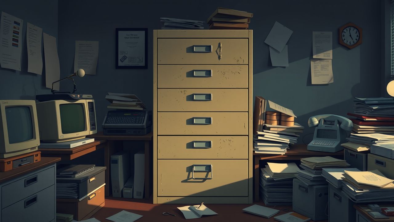 Een verwaarloosd kantoor met oude technologie en rommelige papieren.