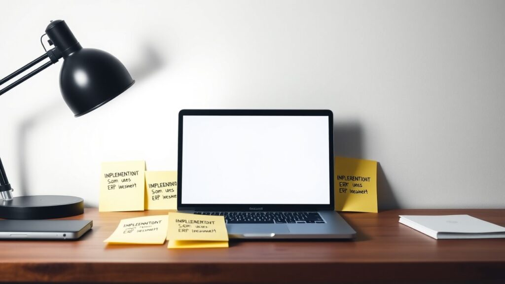 Een opgeruimd bureau met een open ERP-software interface en Nederlandse notities.