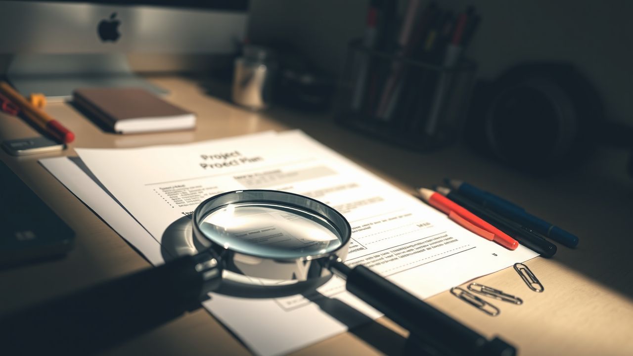 Een close-up van een vergrootglas boven een gedetailleerd projectplan op een bureau. Een close-up van een vergrootglas boven een gedetailleerd projectplan op een bureau.