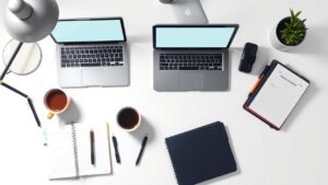Een georganiseerde werkplek met een laptop en kantoorbenodigdheden.