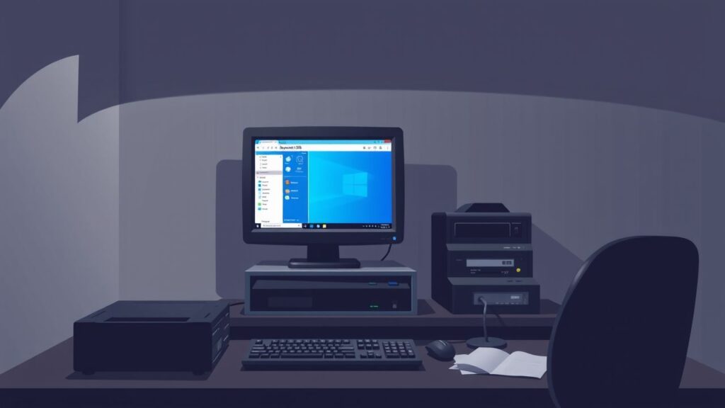 Een oude desktopcomputer toont Microsoft Dynamics 365 in een rommelig kantoor.