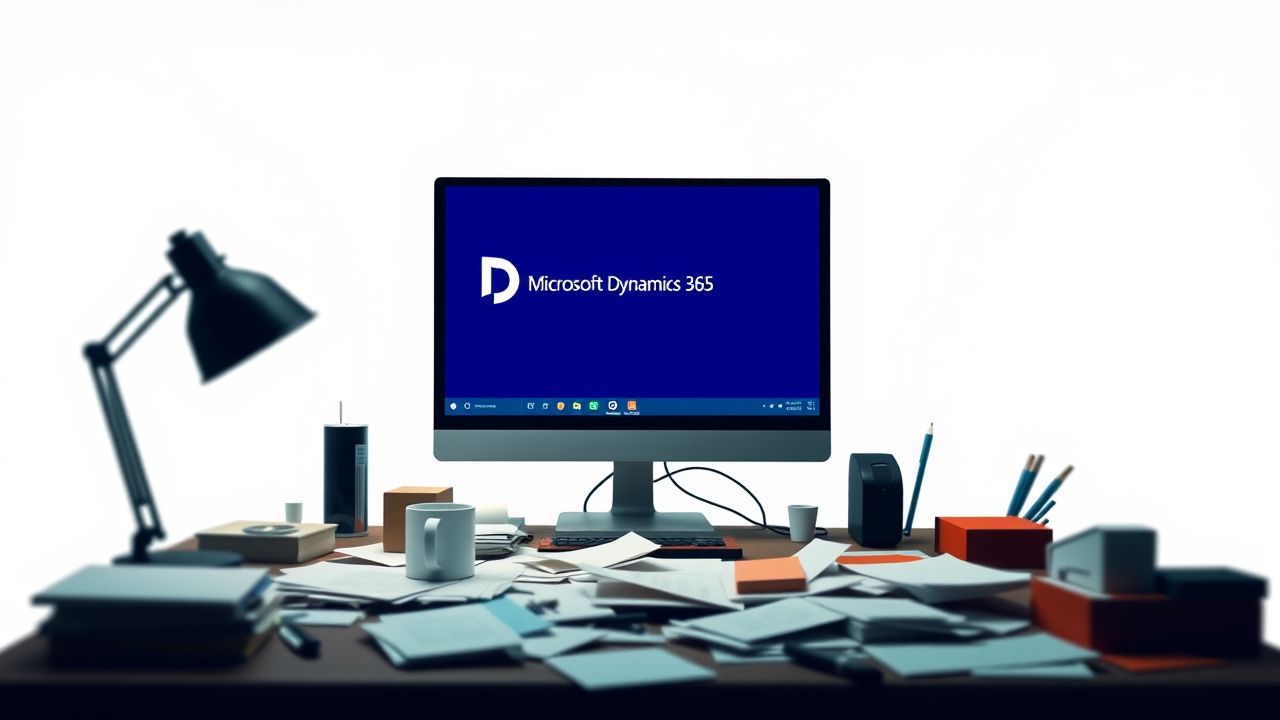 Een rommelig kantoorbureau met Microsoft Dynamics 365 interface en kantoorbenodigdheden. Een rommelig kantoorbureau met Microsoft Dynamics 365 interface en kantoorbenodigdheden.