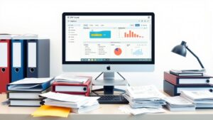 Een georganiseerd kantoor met een ERP-systeem en stapels papierwerk.