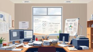 Een rommelig kantoor met computers, papieren en whiteboard vol diagrammen.