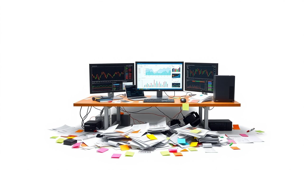 Een rommelig kantoorbureau met computerschermen en papierwerk. Een rommelig kantoorbureau met computerschermen en papierwerk.