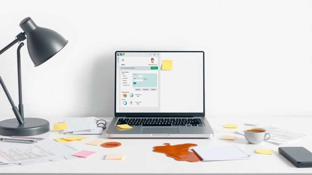 Een rommelig kantoor met complexe ERP-software en uitdagingen voor projectmanagers.