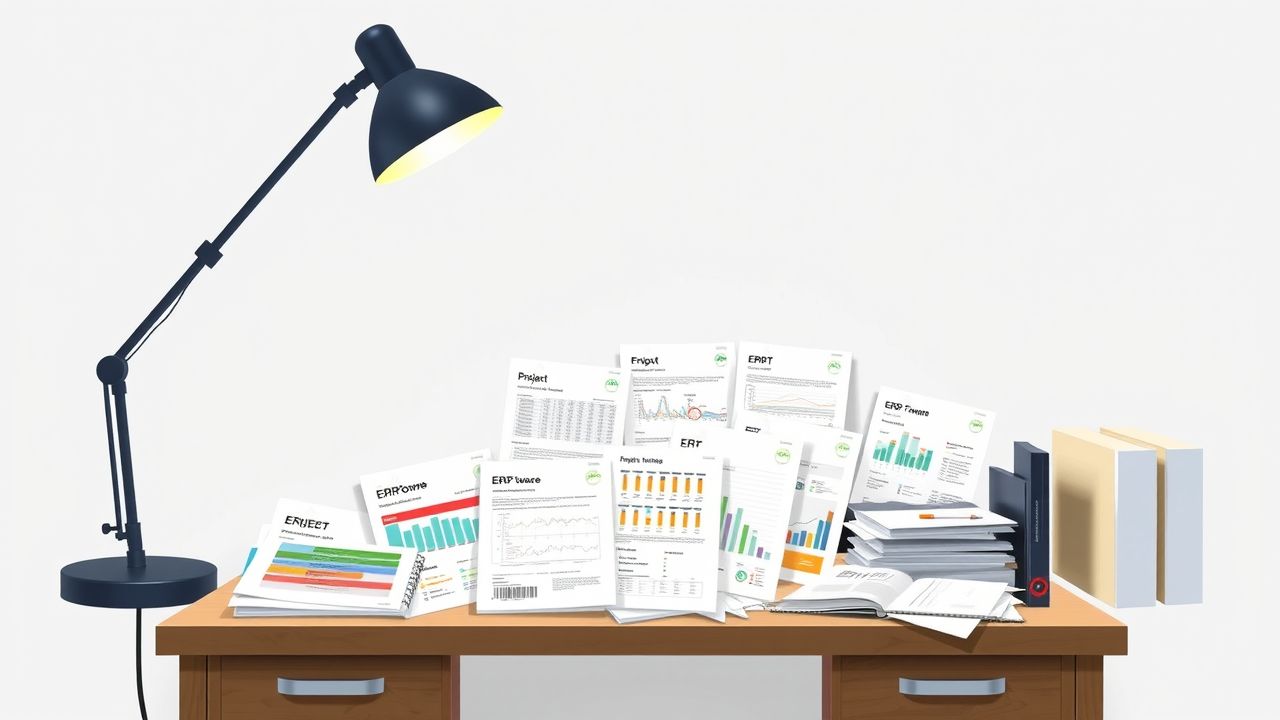 Een rommelig kantoor met ERP-softwarehandleidingen en projecttijdlijnen. Een rommelig kantoor met ERP-softwarehandleidingen en projecttijdlijnen.