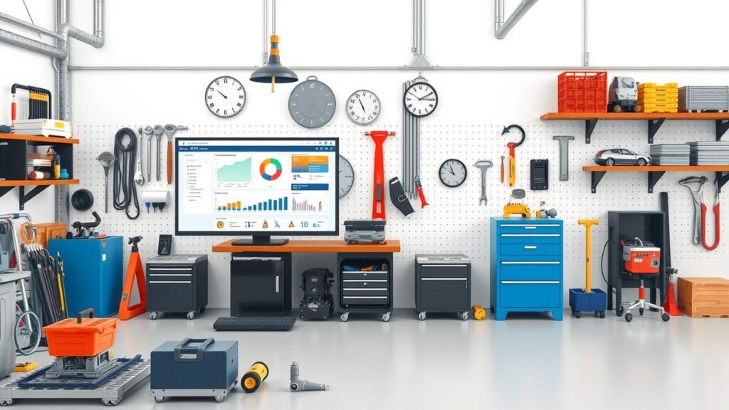 Een georganiseerde werkplaats met industriële gereedschappen en een digitaal ERP-systeem.