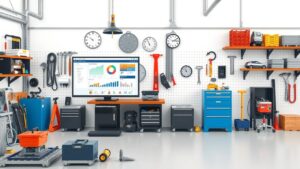 Een georganiseerde werkplaats met industriële gereedschappen en een digitaal ERP-systeem.