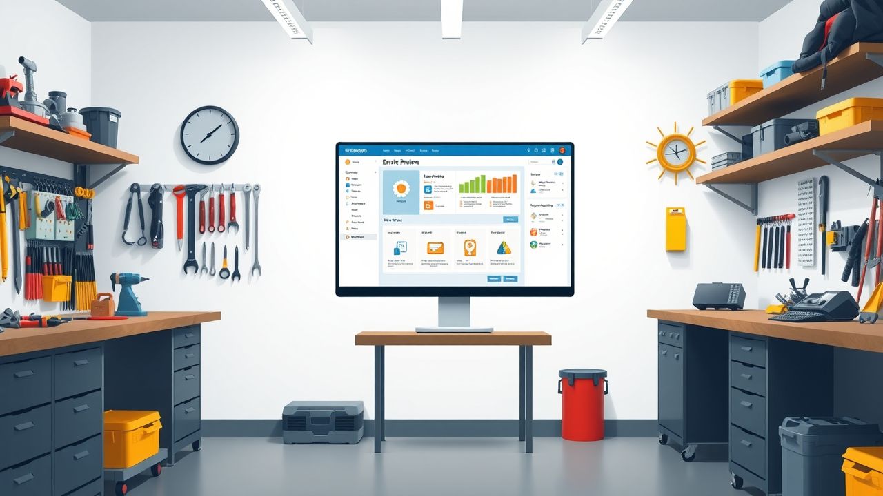 Een opgeruimde werkplaats met georganiseerde gereedschappen en een ERP-systeem. Een opgeruimde werkplaats met georganiseerde gereedschappen en een ERP-systeem.