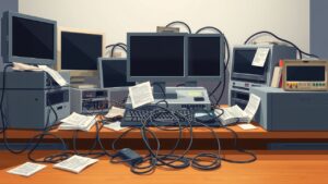 Een rommelig kantoor met verouderde computerapparatuur en een gebrek aan organisatie.