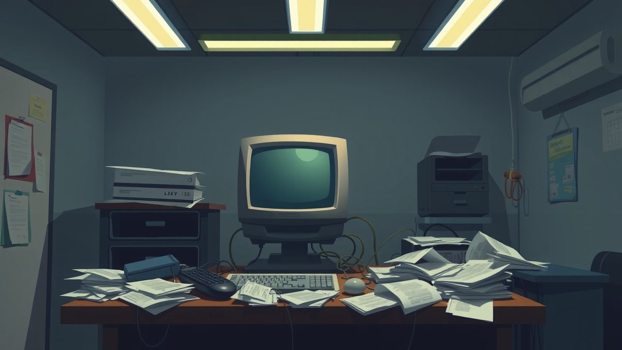 Een ouderwets computer systeem op een rommelig bureau in een donker kantoor. Een ouderwets computer systeem op een rommelig bureau in een donker kantoor.