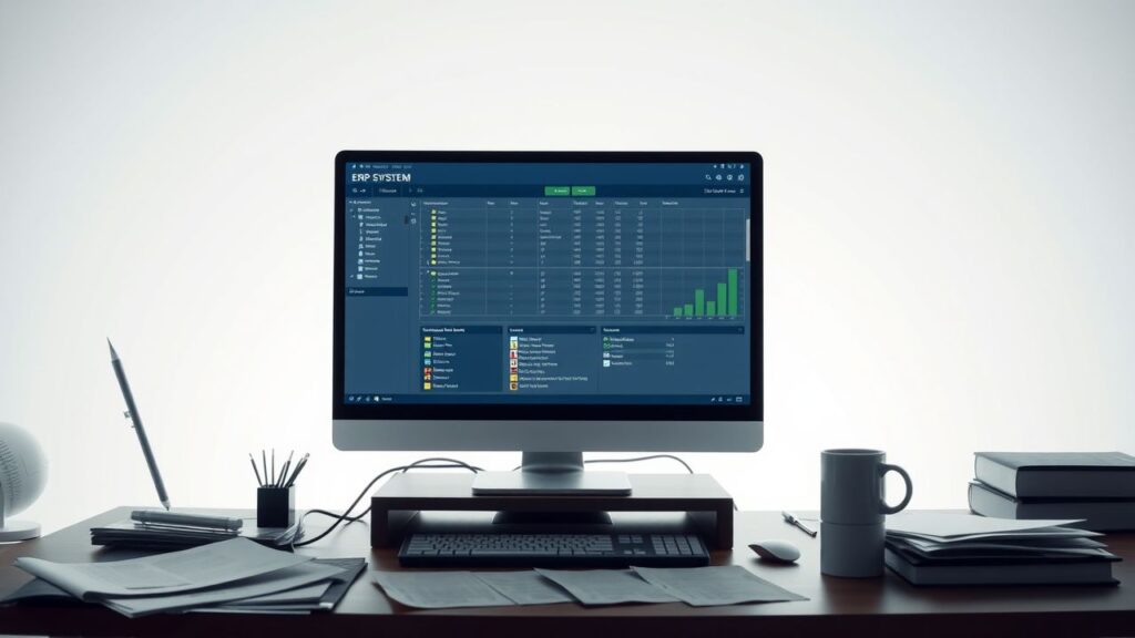Een gedetailleerde ERP-systeemtestinterface wordt weergegeven op een computerscherm in een kantooromgeving.