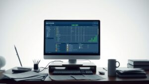 Een gedetailleerde ERP-systeemtestinterface wordt weergegeven op een computerscherm in een kantooromgeving.