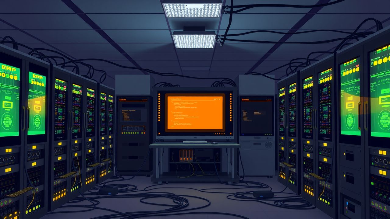 Een serverruimte met geteste ERP-softwarefunctionaliteit en complexe kabels. Een serverruimte met geteste ERP-softwarefunctionaliteit en complexe kabels.