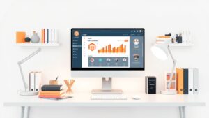 Een opgeruimd kantoor met een Magento-dashboard op de computer.